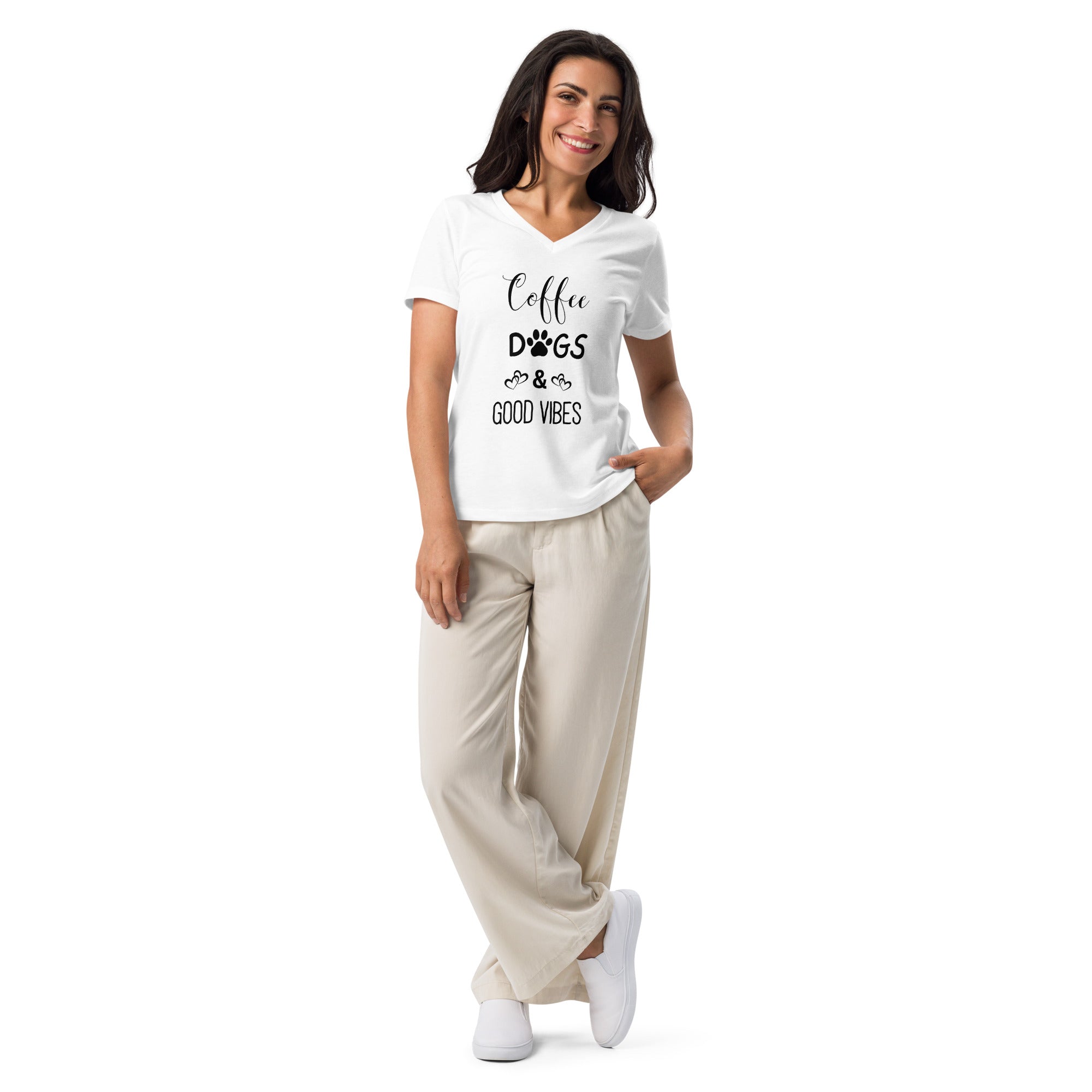 Coffee, Dogs, and Good Vibes Women’s Relaxed V-neck T-shirt